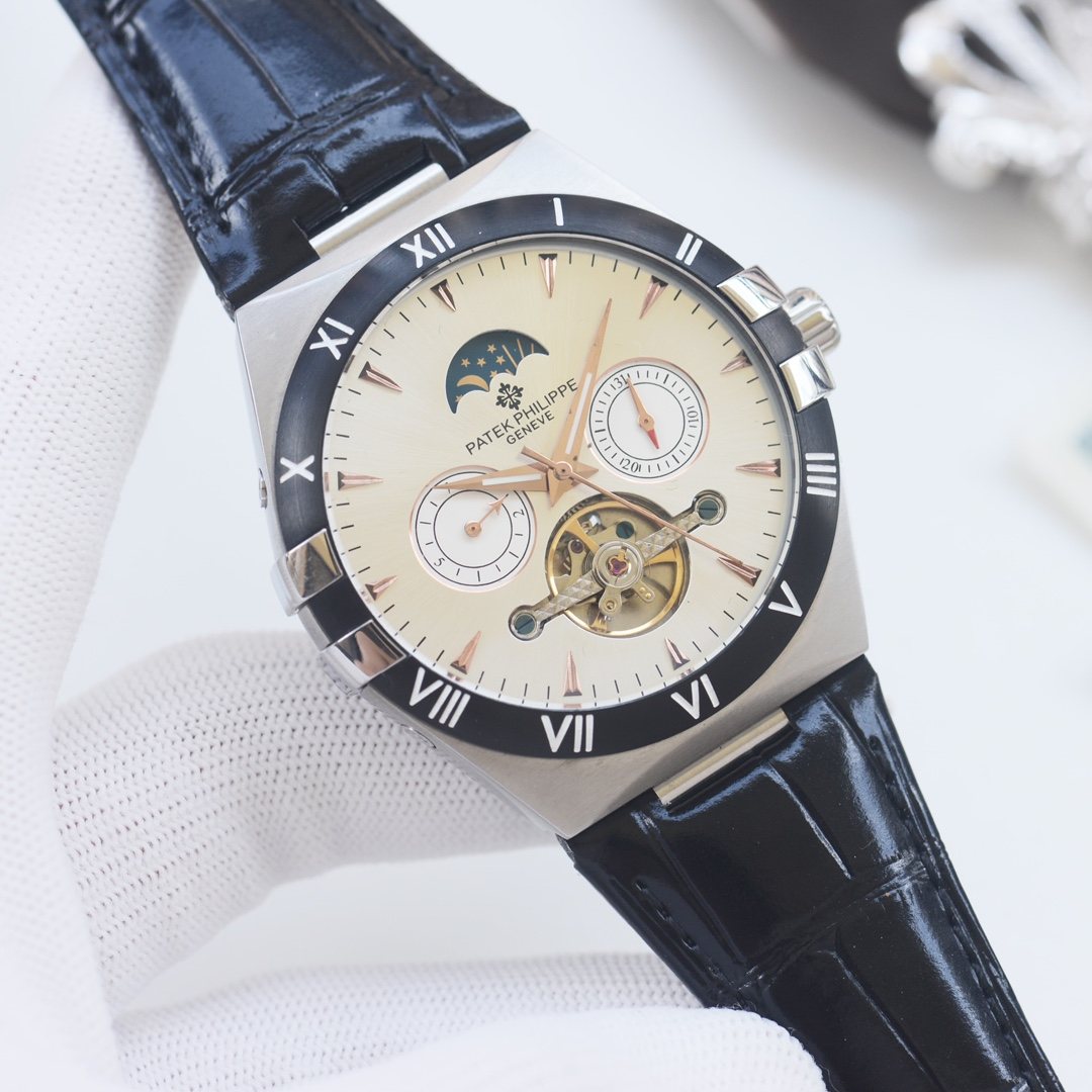 Patek Philippe Blue Silver Leather Strap Watch