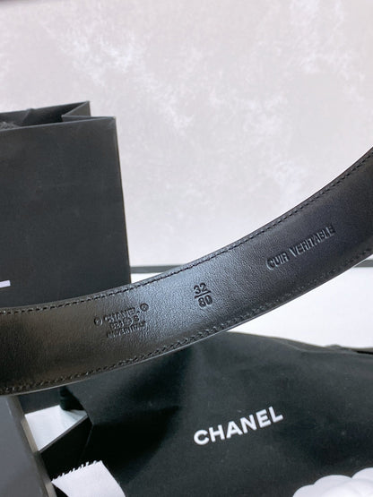 CC 30MM BELT IN BLACK EMBROIDERED CALFSKIN WHITE MIX BLACK METAL LOGO GOLD HARDWARE