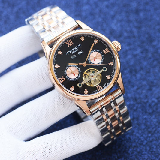 Patek Philippe Rose Gold Two Tone Black Dial Bracelet Watch