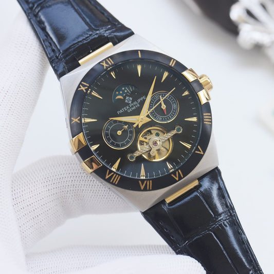 Patek Philippe Blue Gold Black Dial Leather Strap Watch