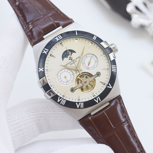 Patek Philippe Brown Silver Leather Strap Watch