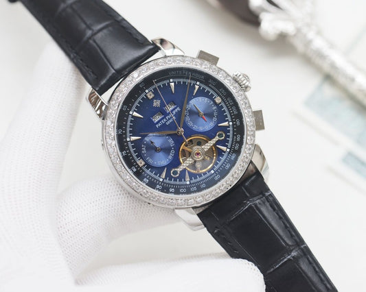 Patek Philippe Silver Black Blue Dial Strap Watch