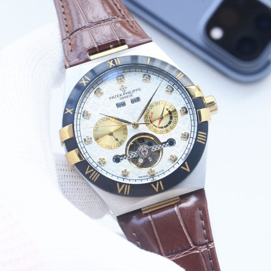 Patek Philippe Brown Two Tone White Dial Leather Strap Watch