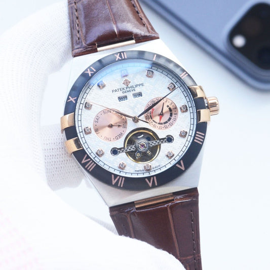 Patek Philippe Brown Two Tone Gold Dial Leather Strap Watch