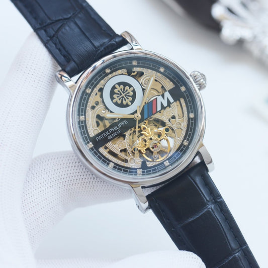 Patek Philippe Silver Black Strap Watch