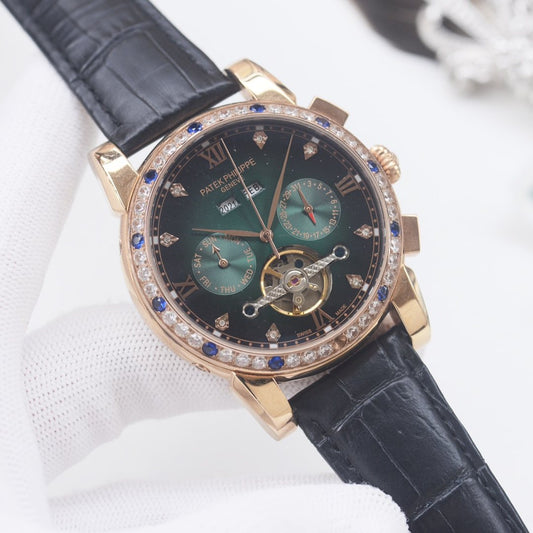 PATEK PHILIPPE Rose Gold Green Blue Dial Strap Watch