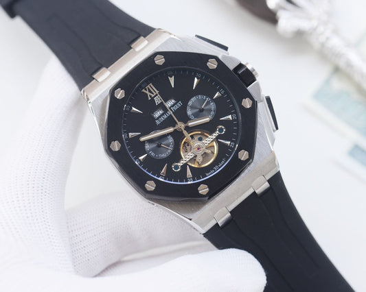 Audemars Piguet Silver Black Dial Strap Watch