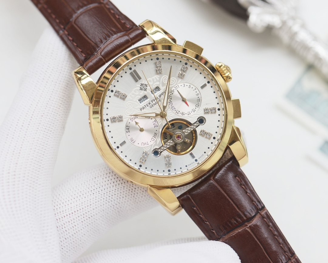 PATEK PHILIPPE Brown Gold White Dial Strap Watch