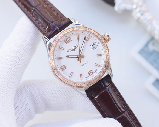 LONGINES Brown Rose Gold White Dial Leather Strap Watch