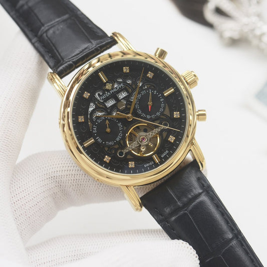 PATEK PHILIPPE Gold Black Dial Leather Strap Watch