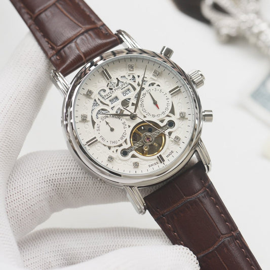 PATEK PHILIPPE Brown Silver Leather Strap Watch