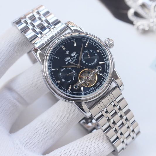PATEK PHILIPPE Silver Black Dial Bracelet Watch
