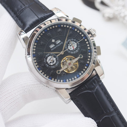 PATEK PHILIPPE Silver Black Dial Strap Watch