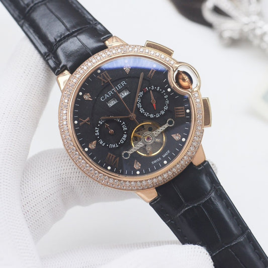 CARTIER Rose Gold Black Dial Leather Strap Watch